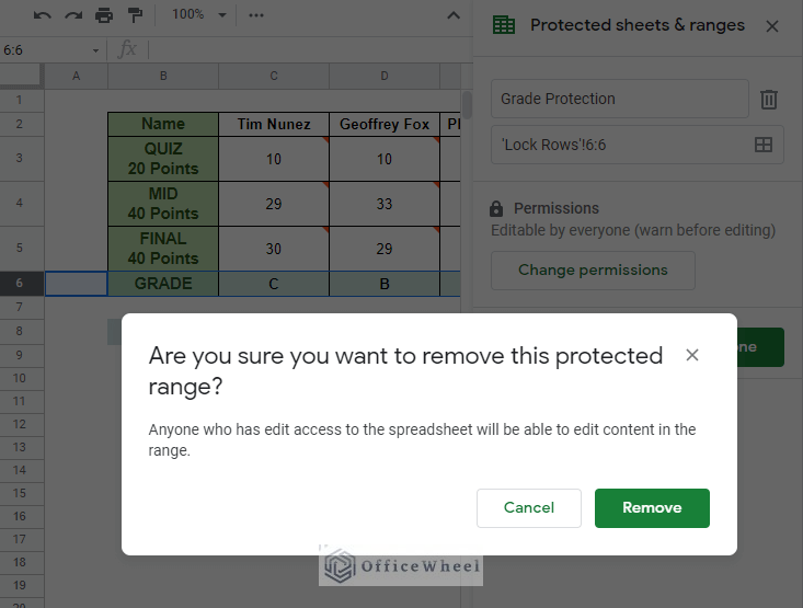 warning window when unlocking rows in google sheets